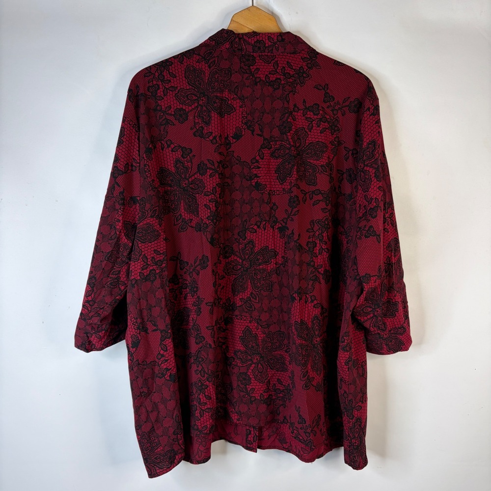 Maggie Barnes Blouse Women 3X Red Black Floral Lace Print Button Front 3/4 Slv - Picture 5 of 7